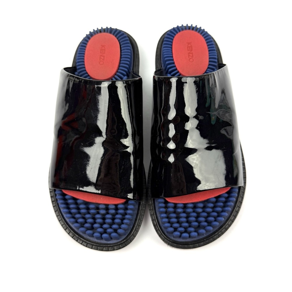 Kenzo Slides 37 Black Patent Leather Slip On Shoes Textured Footbed Womens Shoes